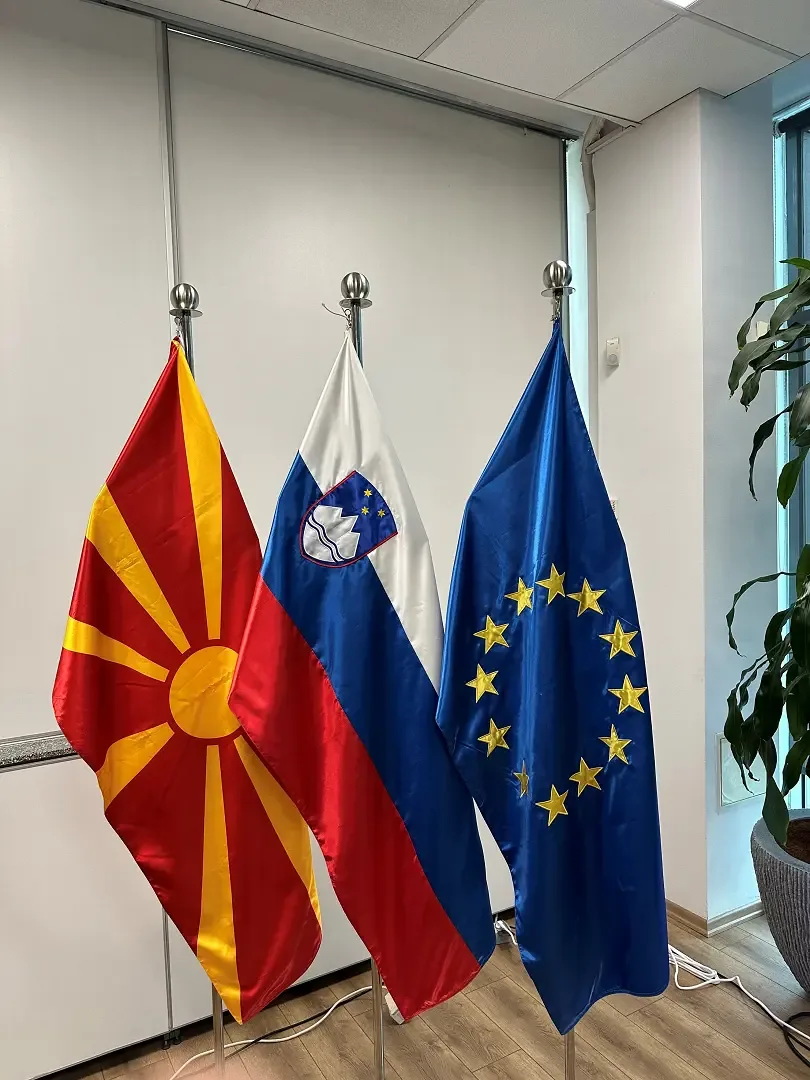 The Macedonian, Slovenian and EU flags side by side.