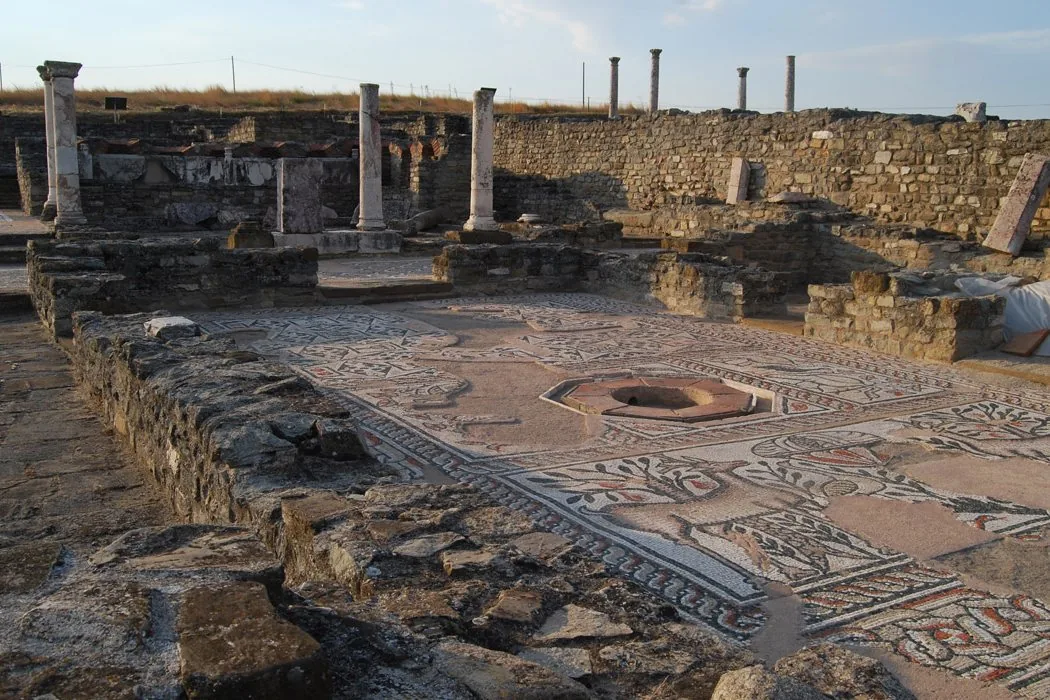 An ancient street and building remains at the archaeological site of Stobi